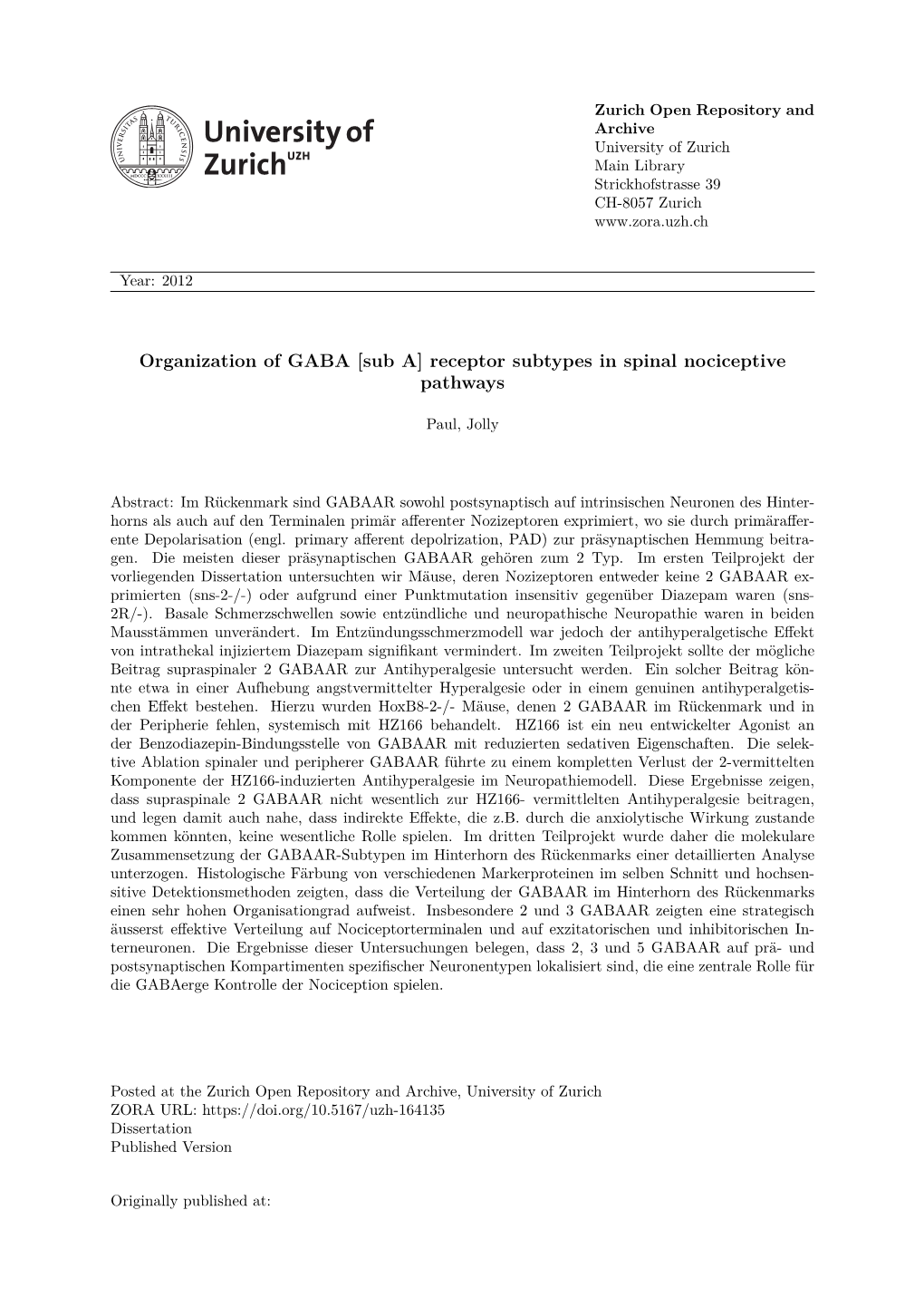 Organization of Gabaa Receptor Subtypes in Spinal