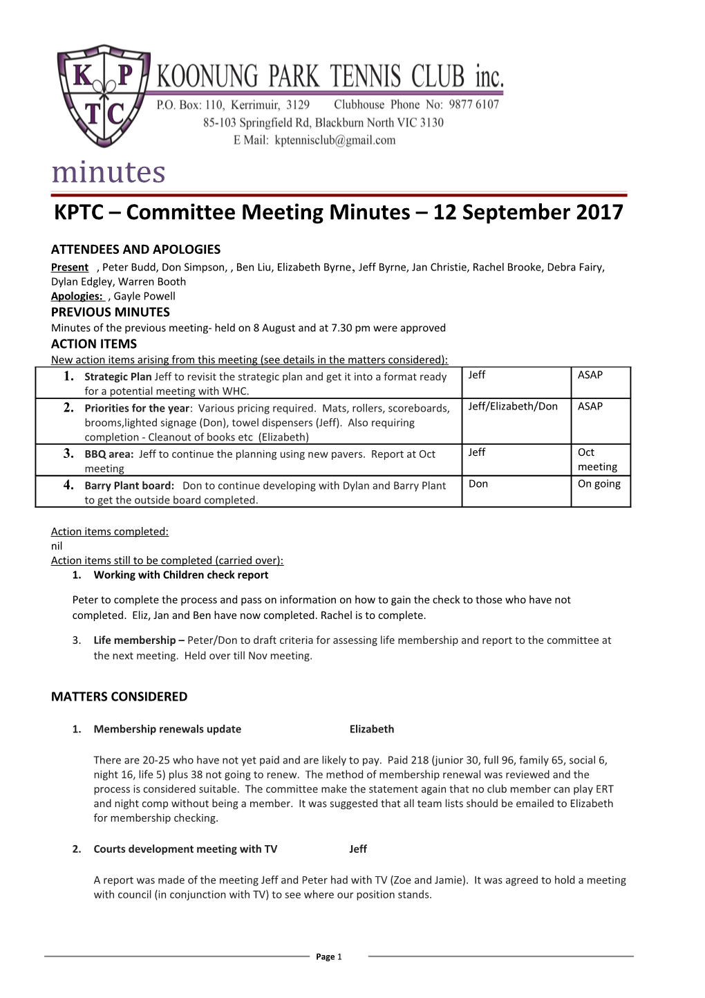 KPTC Committee Meeting Minutes 12 September 2017