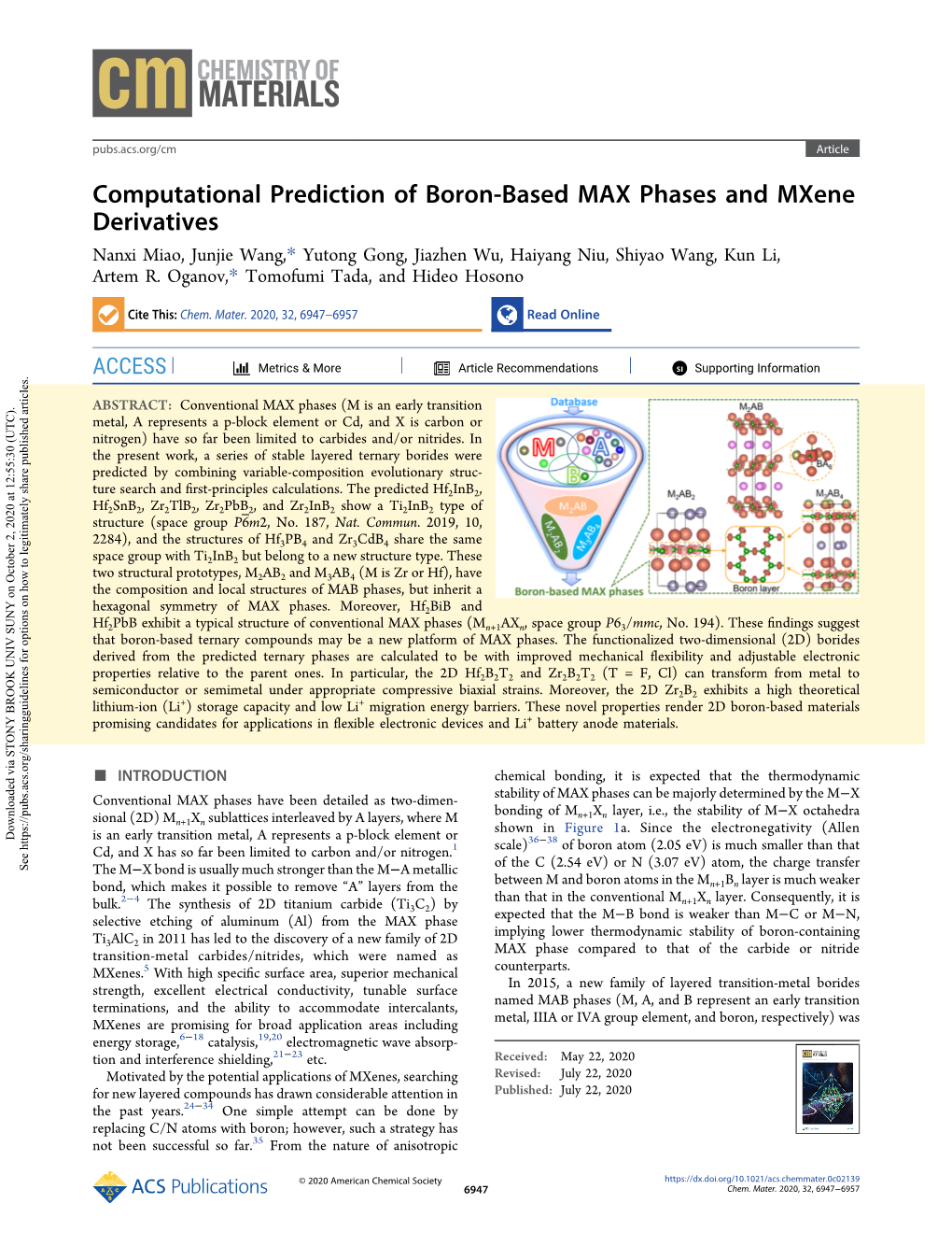 Computational Prediction of Boron-Based MAX Phases and Mxene Derivatives Nanxi Miao, Junjie Wang,* Yutong Gong, Jiazhen Wu, Haiyang Niu, Shiyao Wang, Kun Li, Artem R