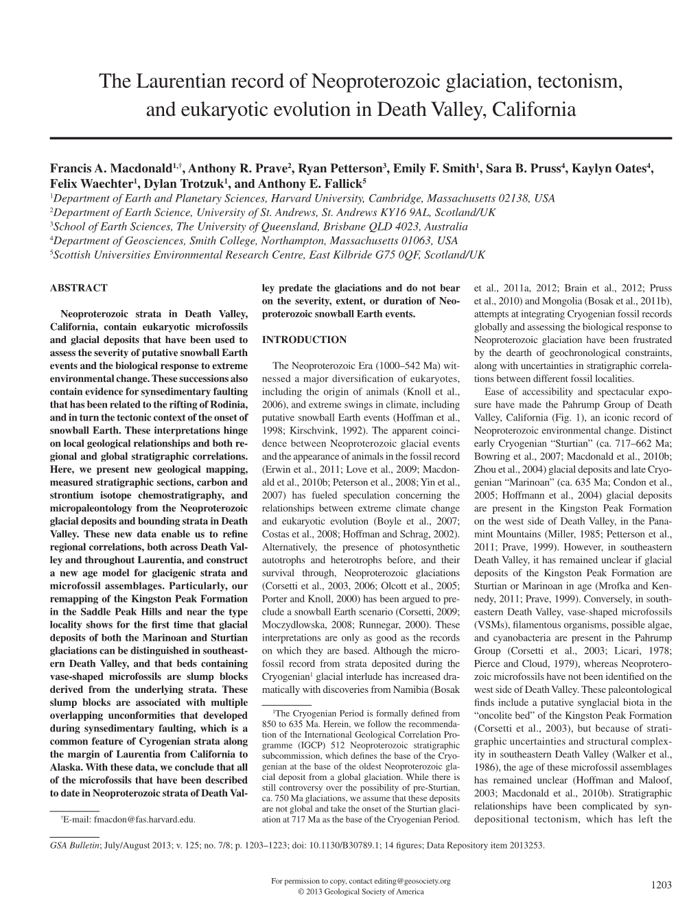 The Laurentian Record of Neoproterozoic Glaciation, Tectonism, and Eukaryotic Evolution in Death Valley, California