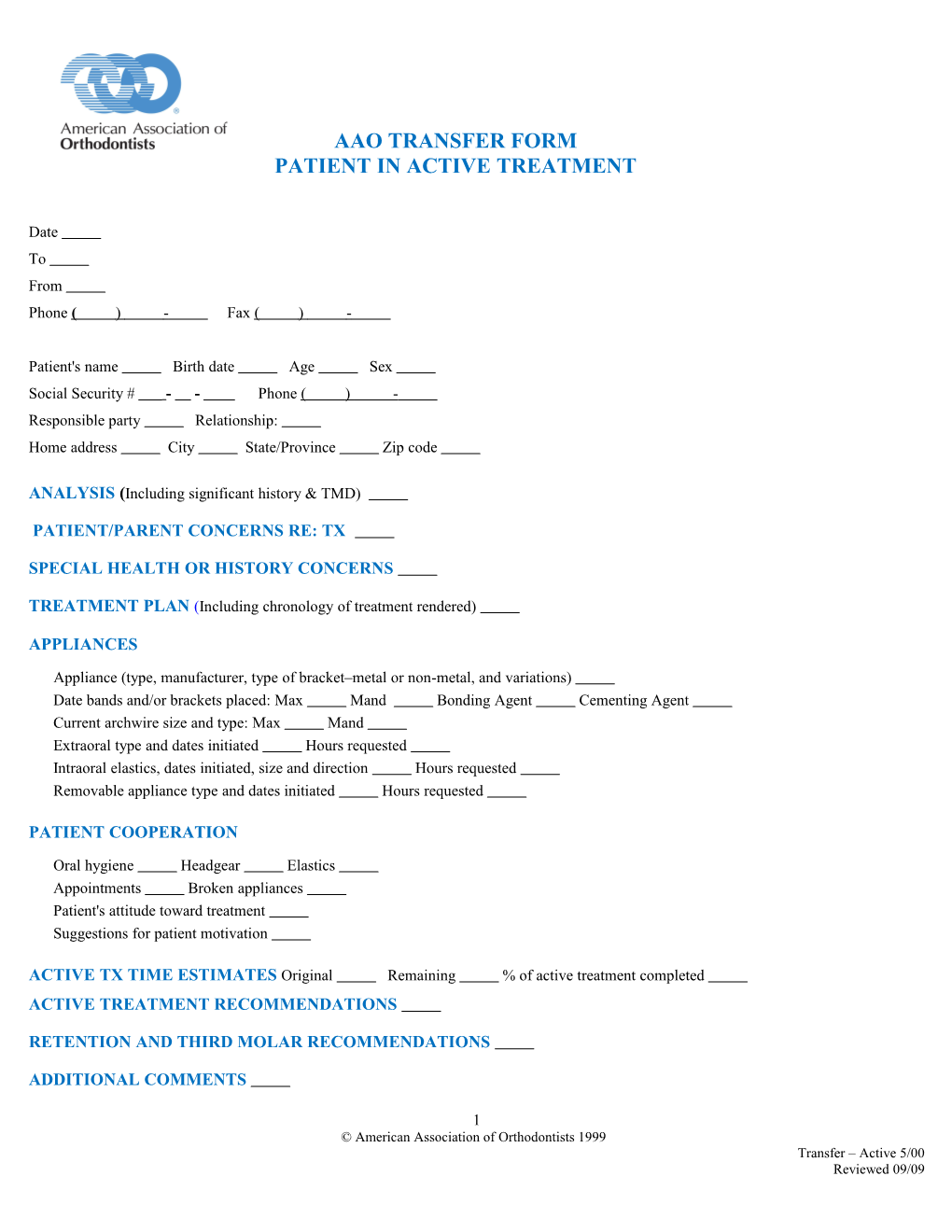 Aao Transfer Form Patient in Active Treatment