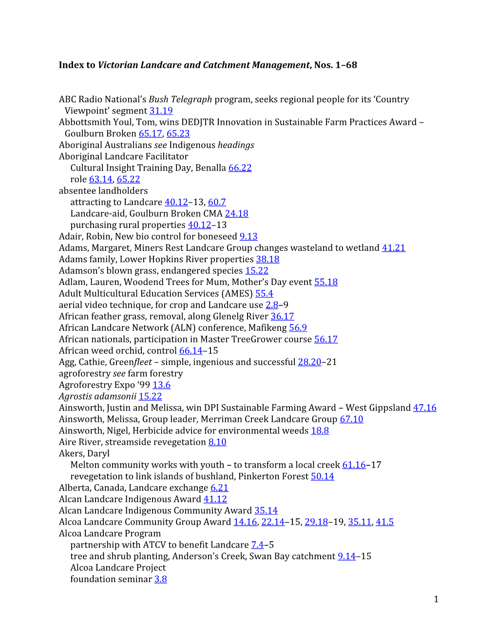 Index to Victorian Landcare and Catchment Management, Nos. 1–68