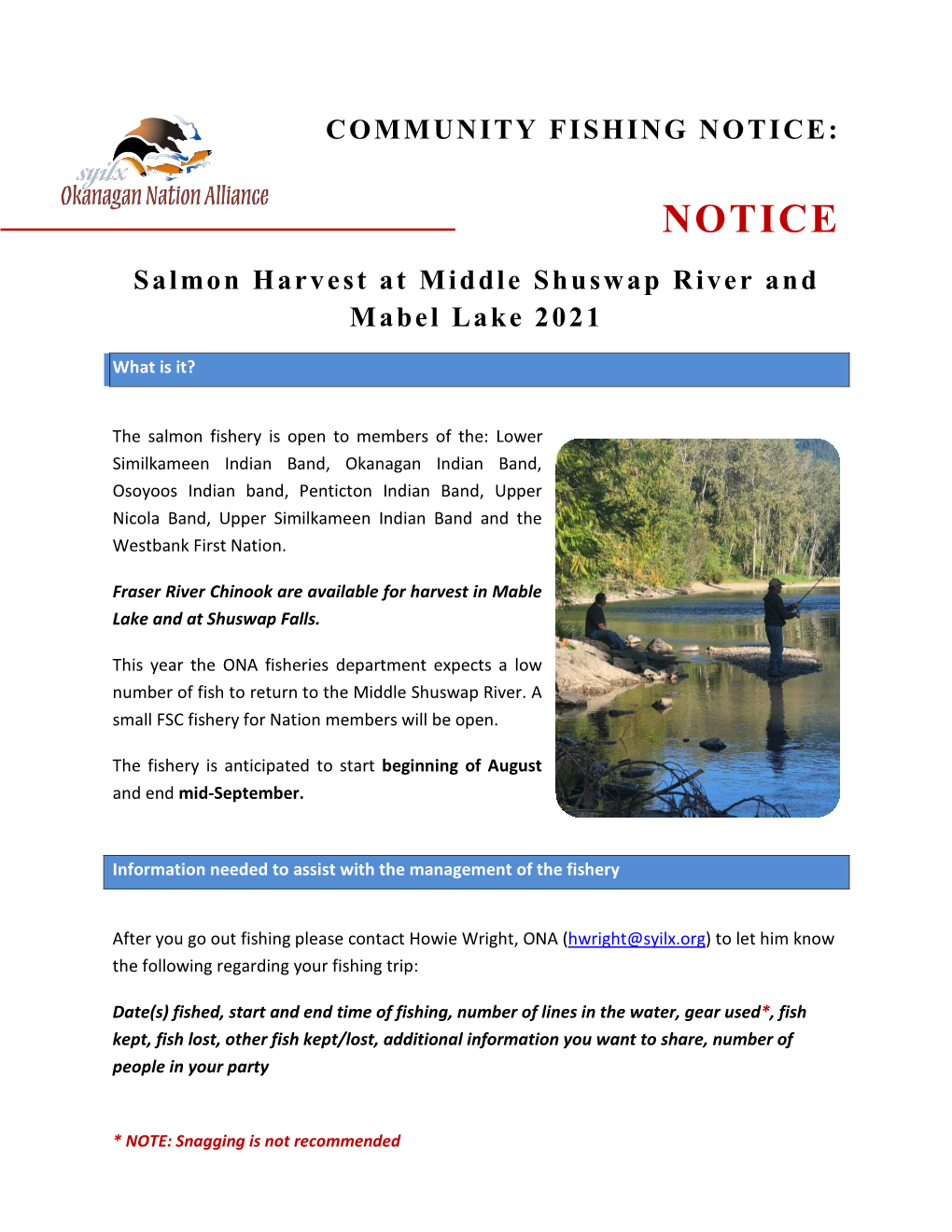 2021 Chinook Fishery at Middle Shuswap River and Mabel Lake