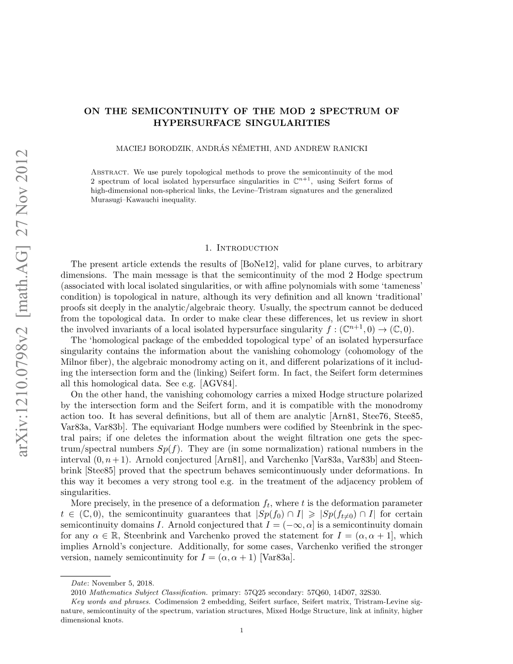 On the Semicontinuity of the Mod 2 Spectrum of Hypersurface Singularities