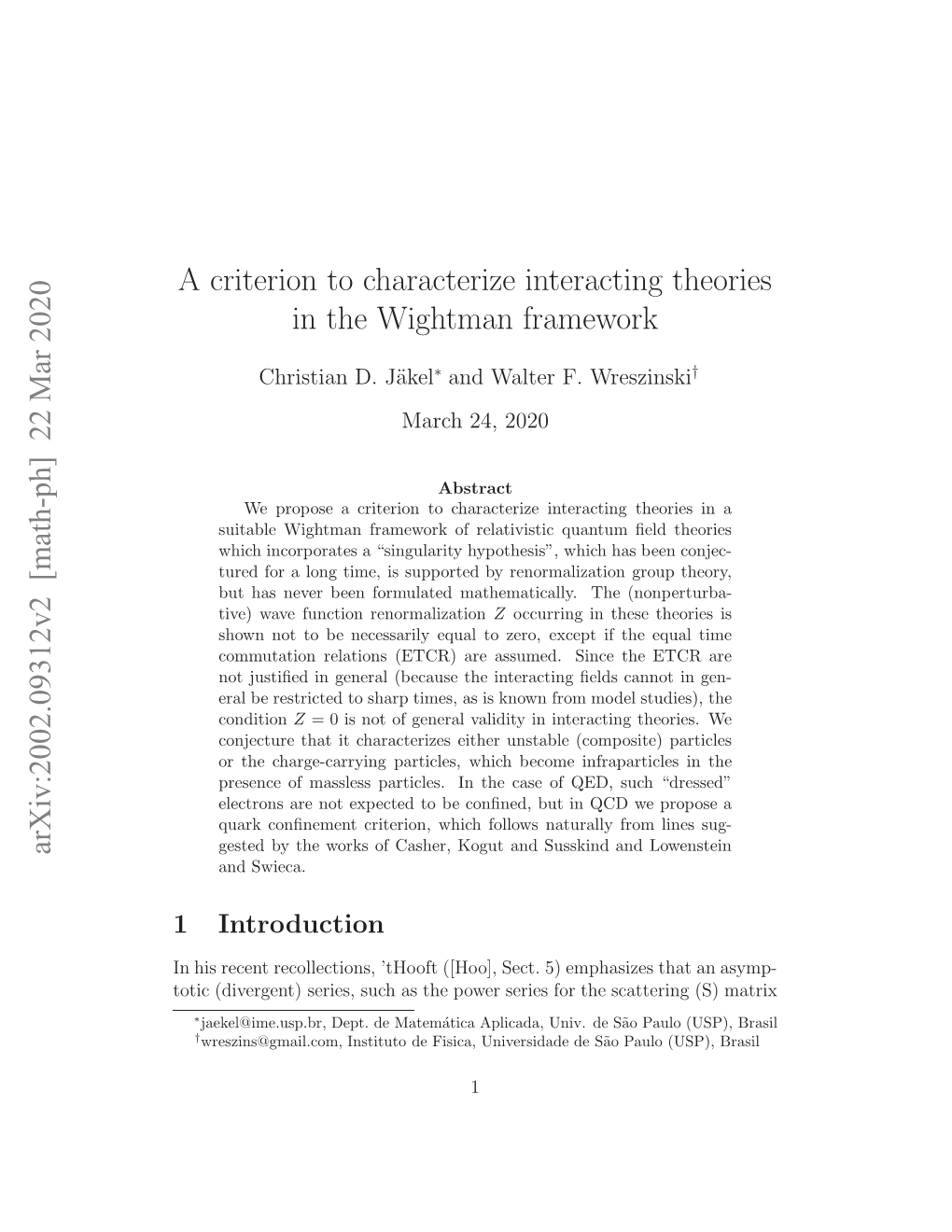 A Criterion to Characterize Interacting Theories in the Wightman Framework