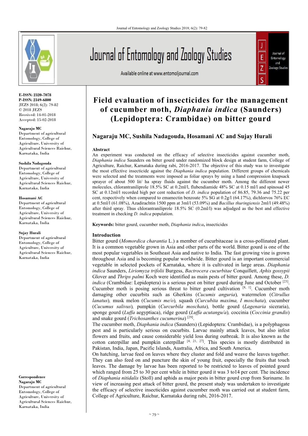 Field Evaluation of Insecticides for the Management of Cucumber Moth