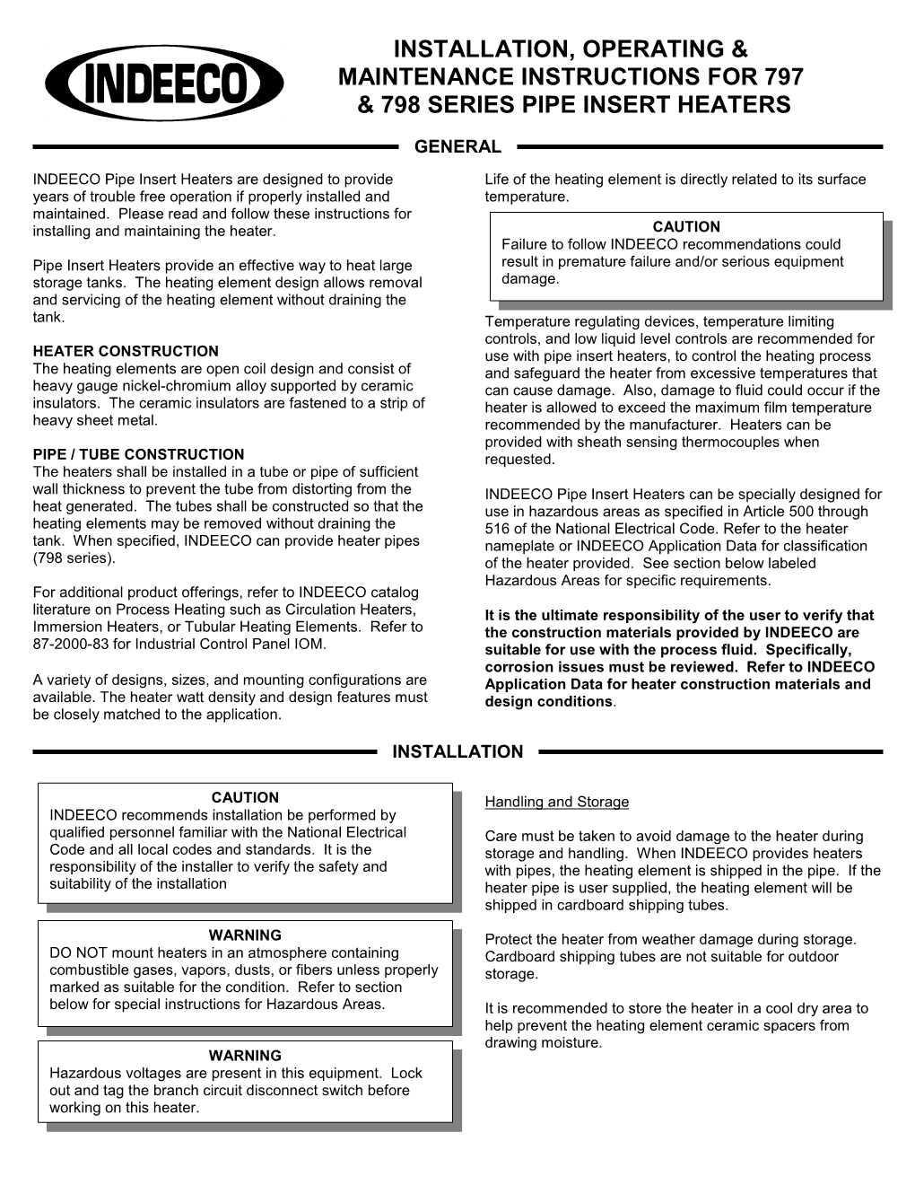 Installation, Operating & Maintenance Instructions for 797 & 798