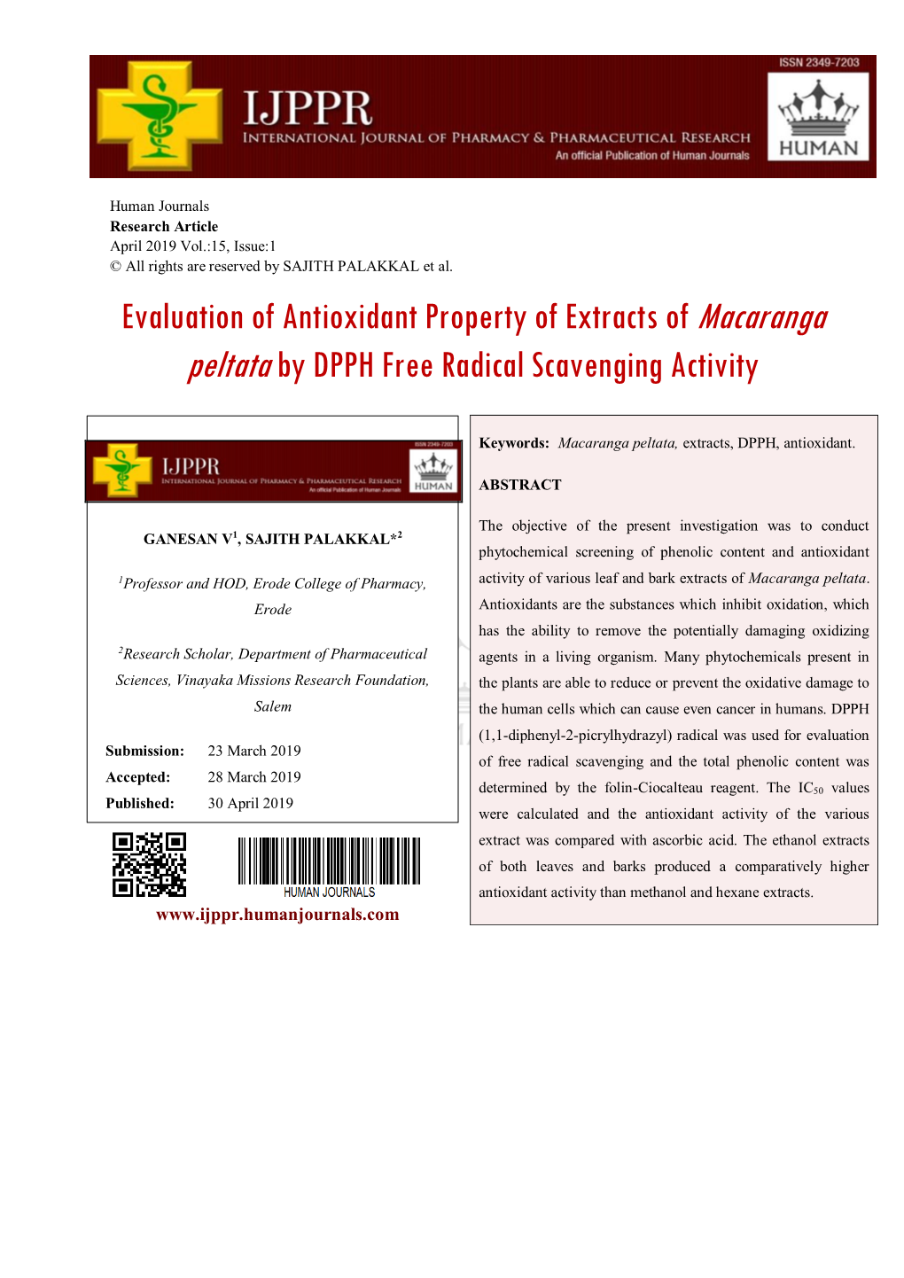 Evaluation of Antioxidant Property of Extracts of Macaranga Peltata by DPPH Free Radical Scavenging Activity