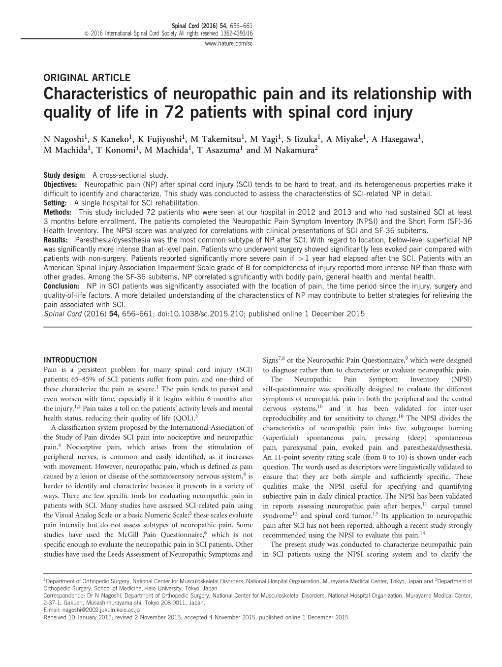 Characteristics of Neuropathic Pain and Its Relationship with Quality of Life in 72 Patients with Spinal Cord Injury