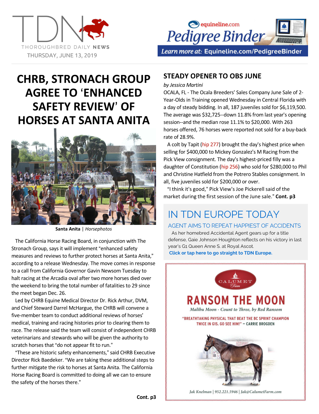 CHRB, STRONACH GROUP AGREE to >ENHANCED SAFETY REVIEW= of HORSES at SANTA ANITA