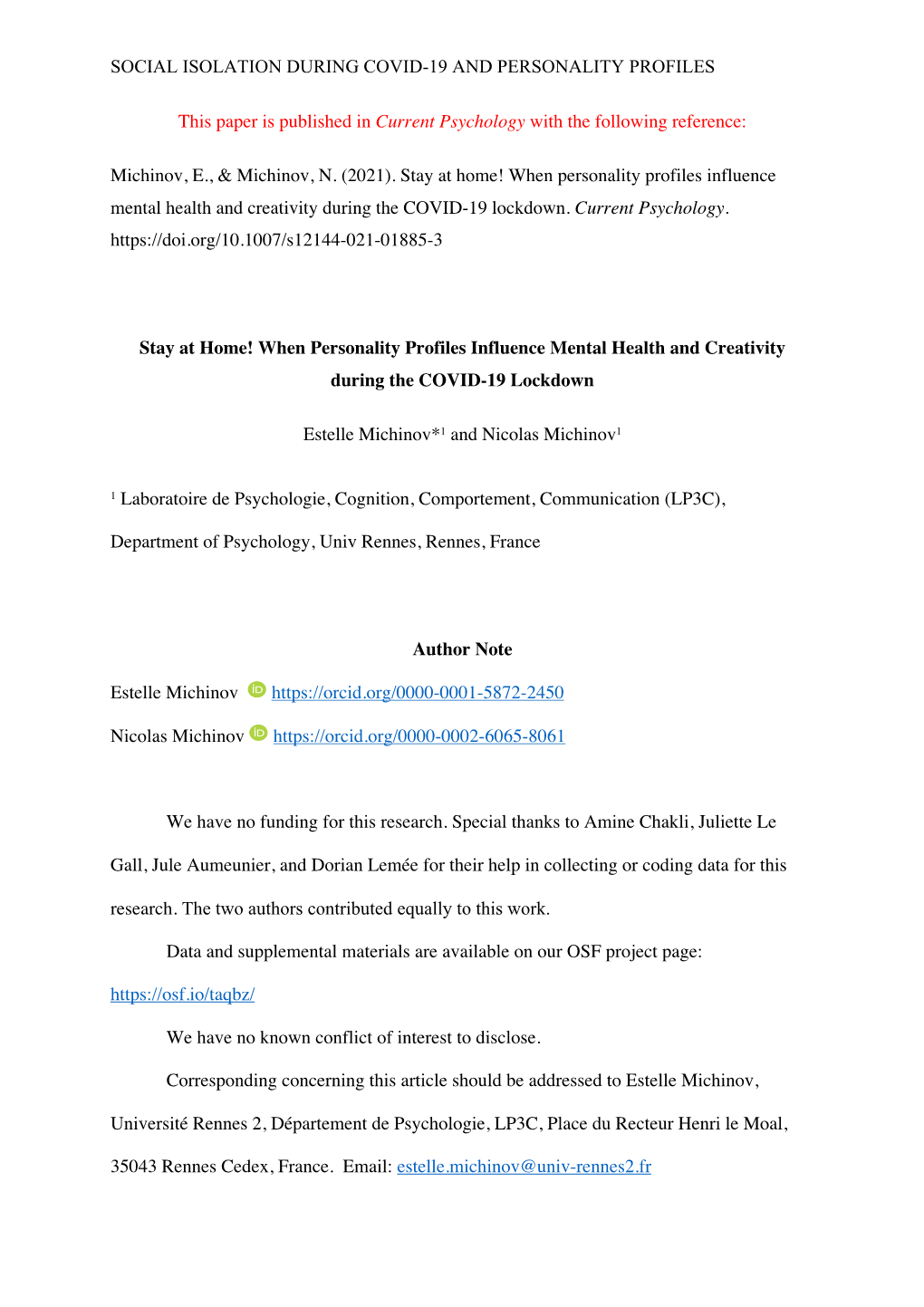 Social Isolation During Covid-19 and Personality Profiles