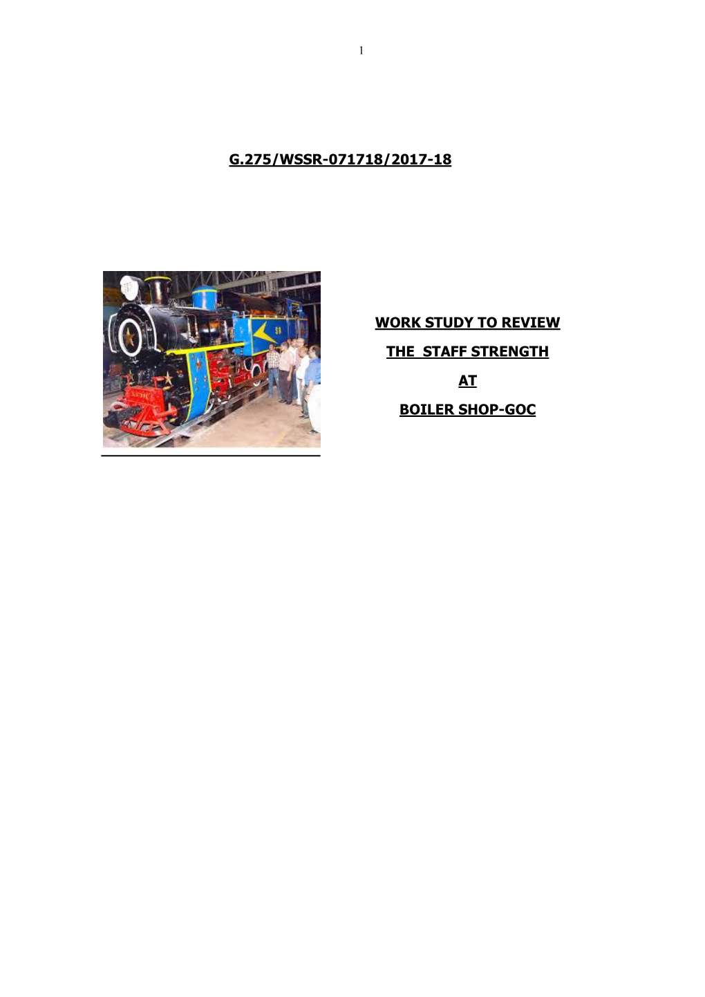 G.275/Wssr-071718/2017-18 Work Study to Review the Staff Strength at Boiler Shop-Goc
