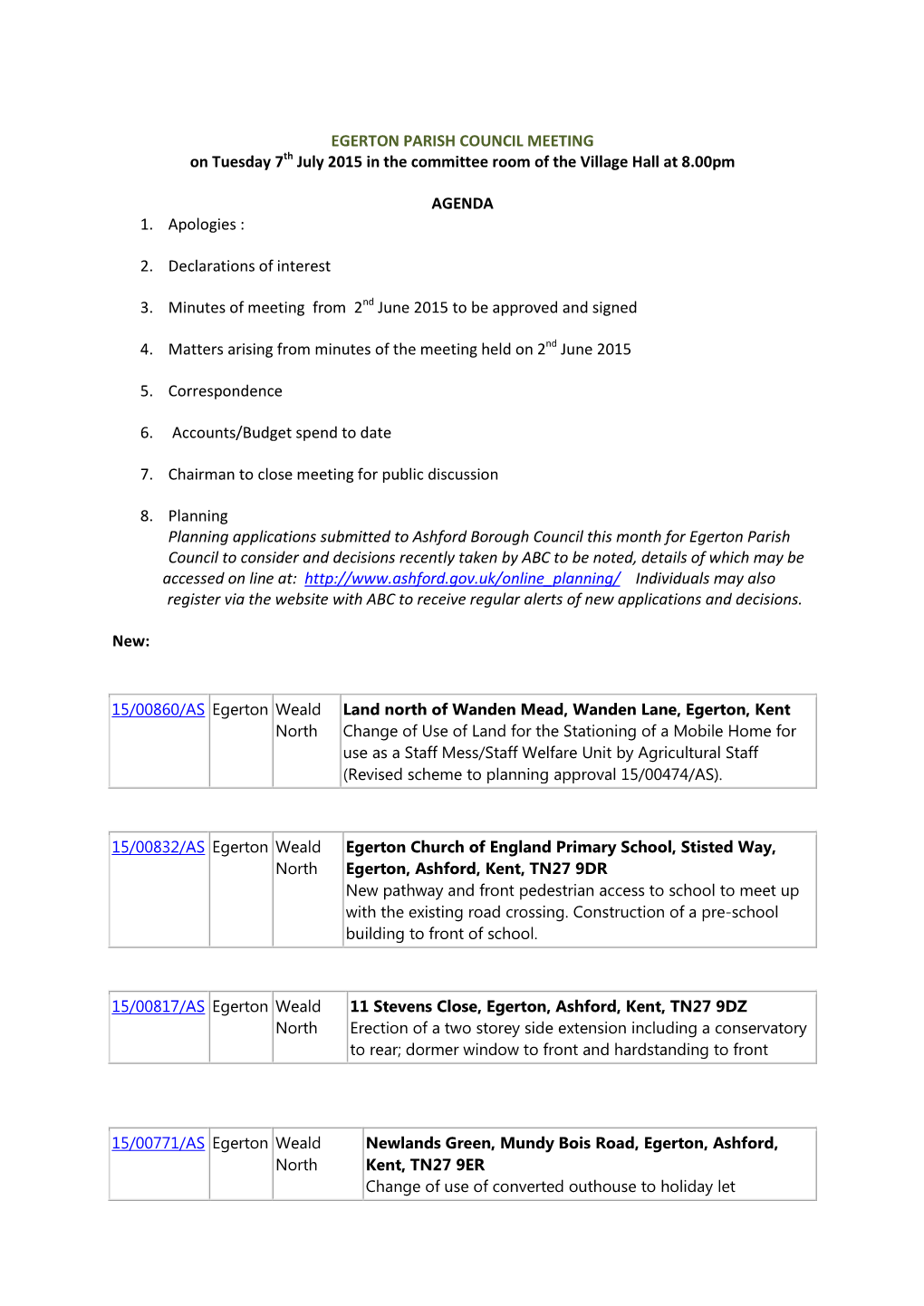 EGERTON PARISH COUNCIL MEETING on Tuesday 7Th July 2015 in the Committee Room of the Village Hall at 8.00Pm