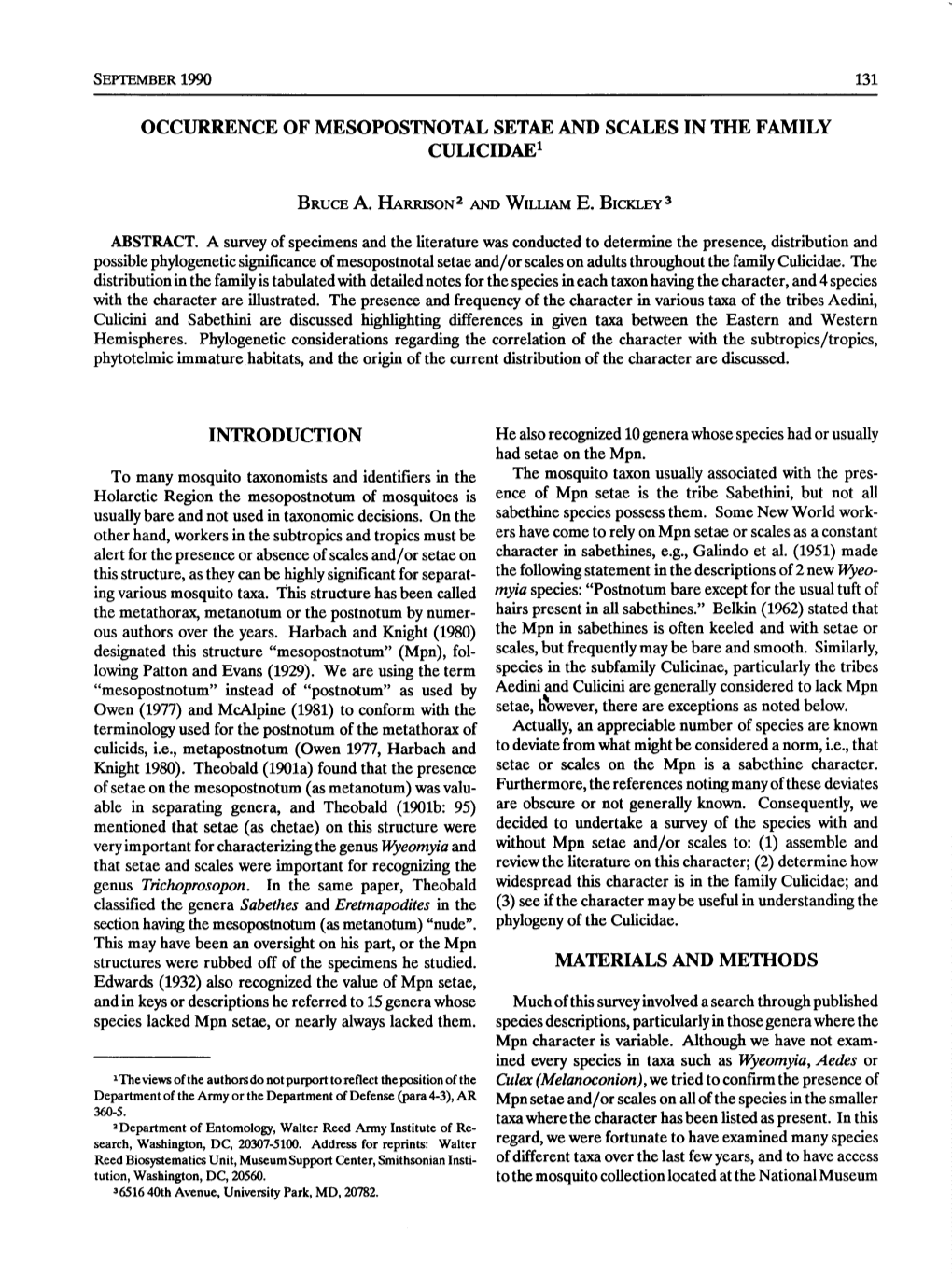 OCCURRENCE of MESOPOSTNOTAL SETAE and SCALES in the FAMILY Culicidael