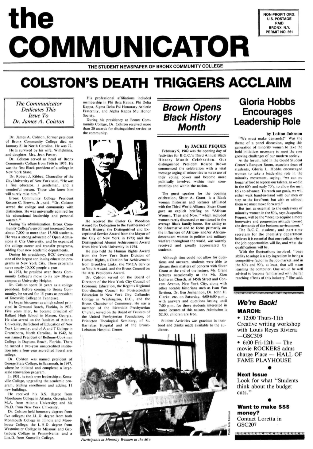 Communicator the Student Newspaper of Bronx Community College Colston's Death Triggers Acclaim