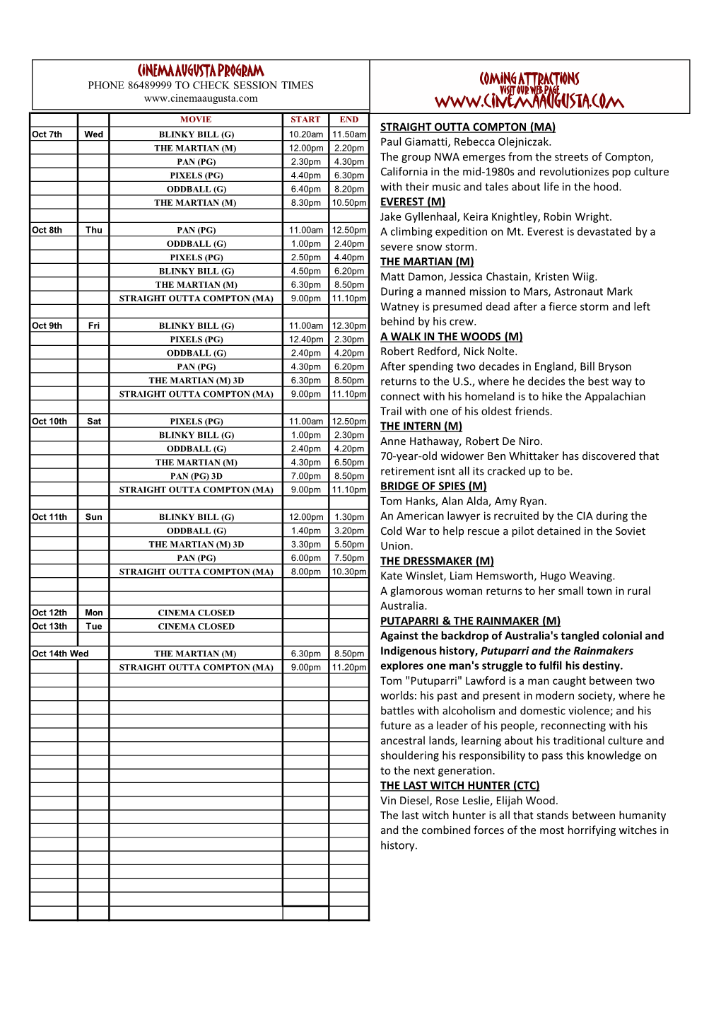 PROGRAM CINEMA AUGUSTA OCT 8Th 2015.Xlsx