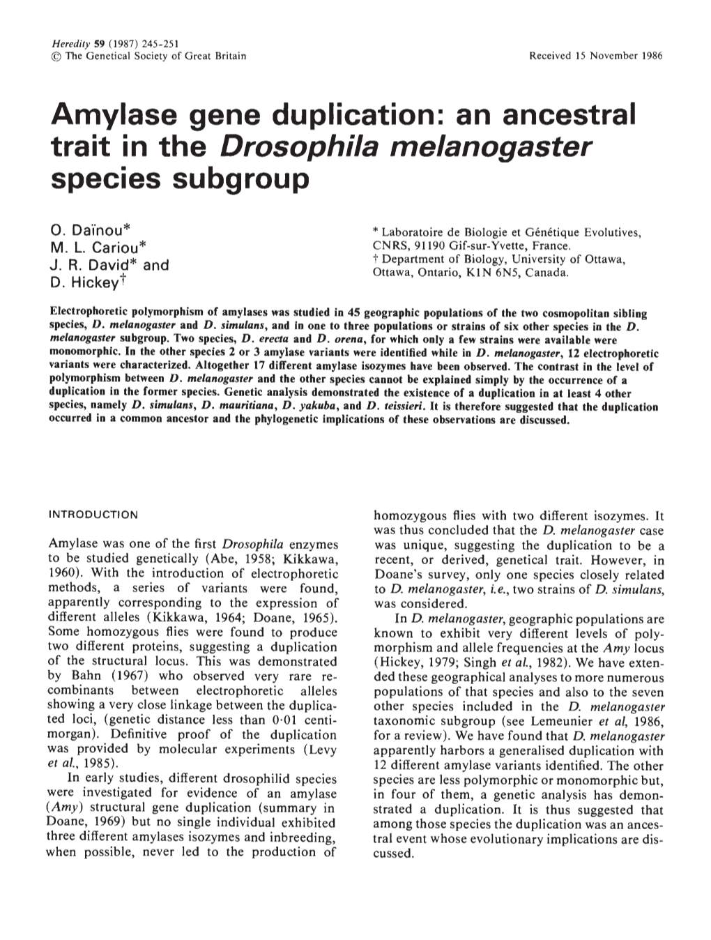 Trait in the Drosophila Melanogaster Species Subgroup