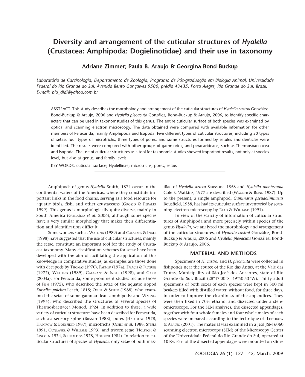 Diversity and Arrangement of the Cuticular Structures of Hyalella (Crustacea: Amphipoda: Dogielinotidae) and Their Use in Taxonomy