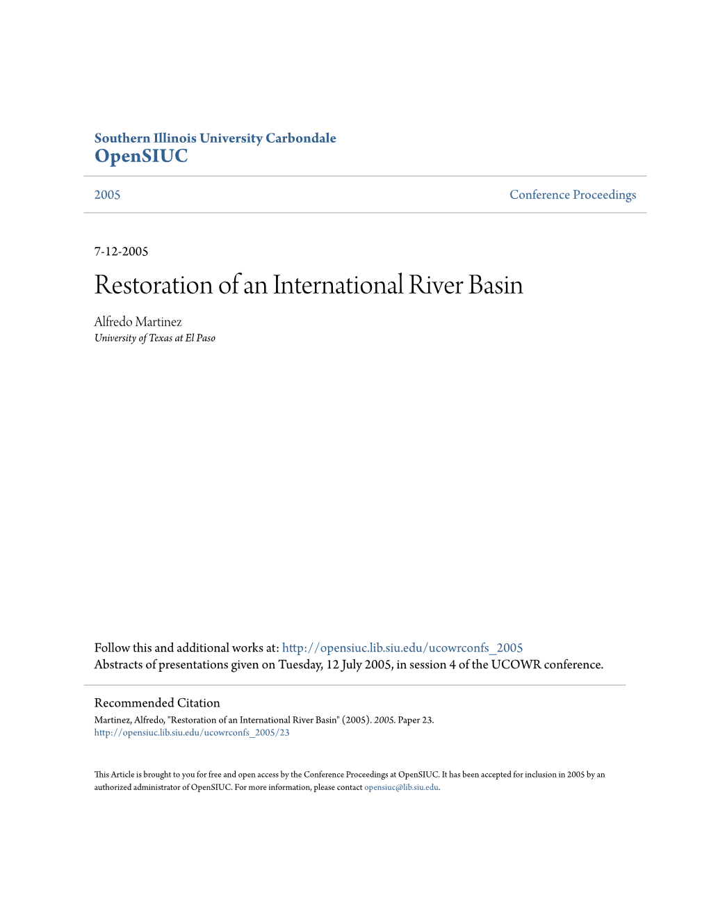 Restoration of an International River Basin Alfredo Martinez University of Texas at El Paso