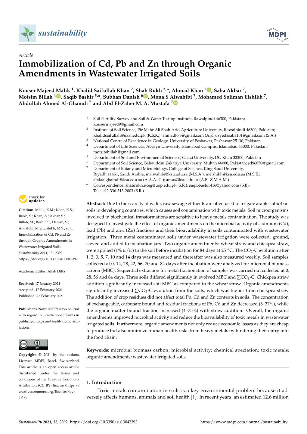 Immobilization of Cd, Pb and Zn Through Organic Amendments in Wastewater Irrigated Soils