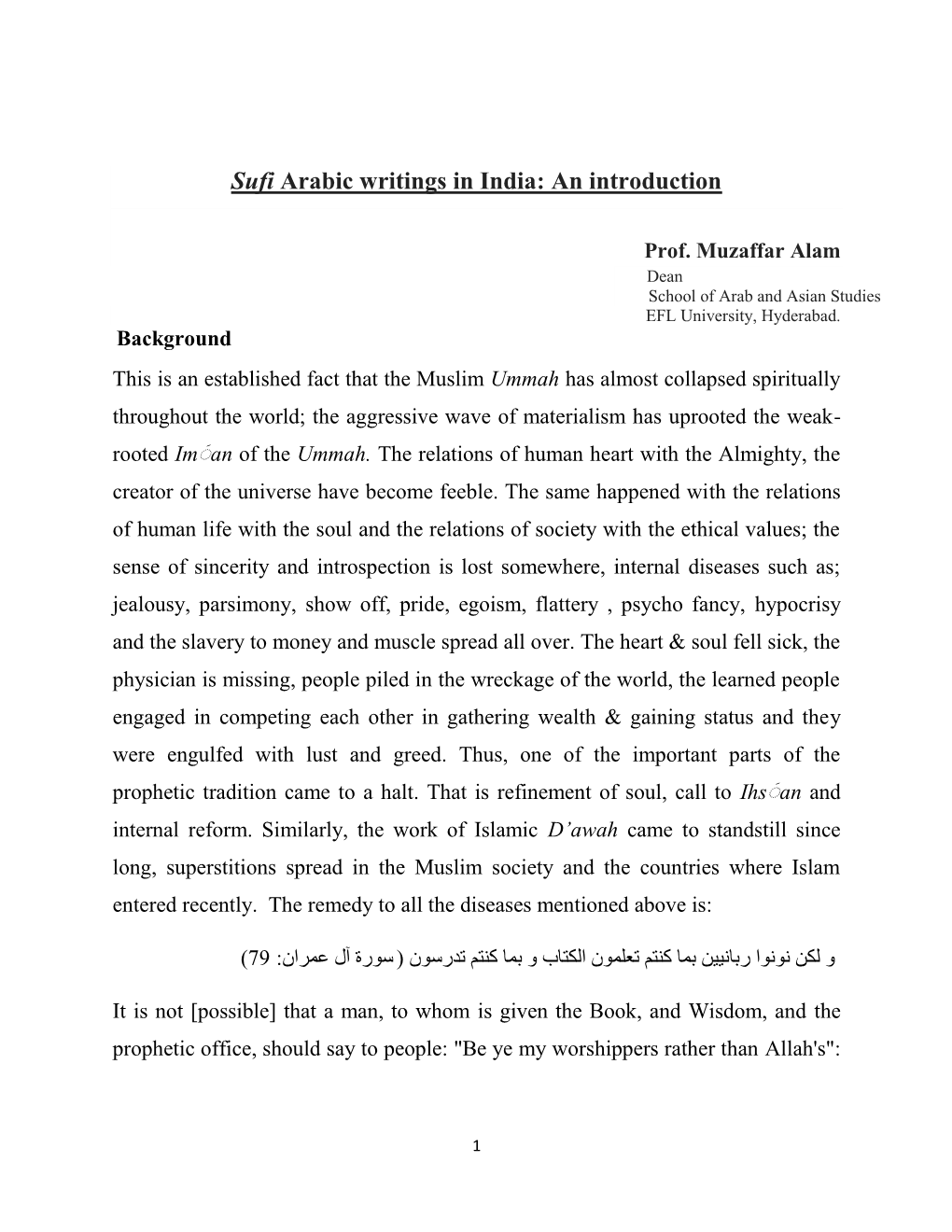 Sufi Arabic Writings in India: an Introduction, Prof. Muzaffar