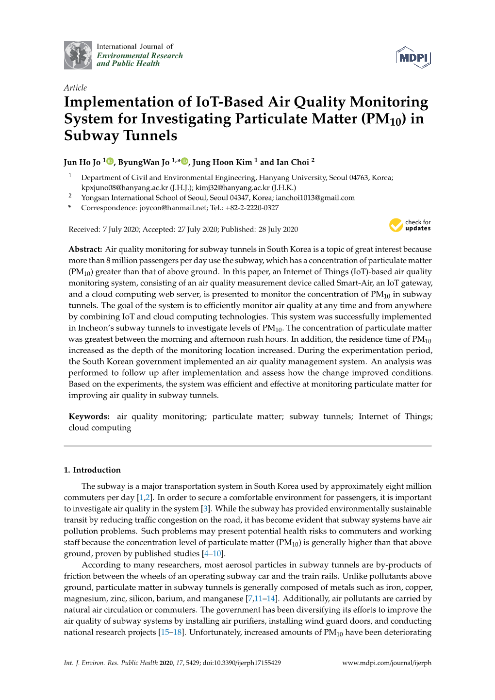 Implementation of Iot-Based Air Quality Monitoring System for Investigating Particulate Matter (PM10) in Subway Tunnels