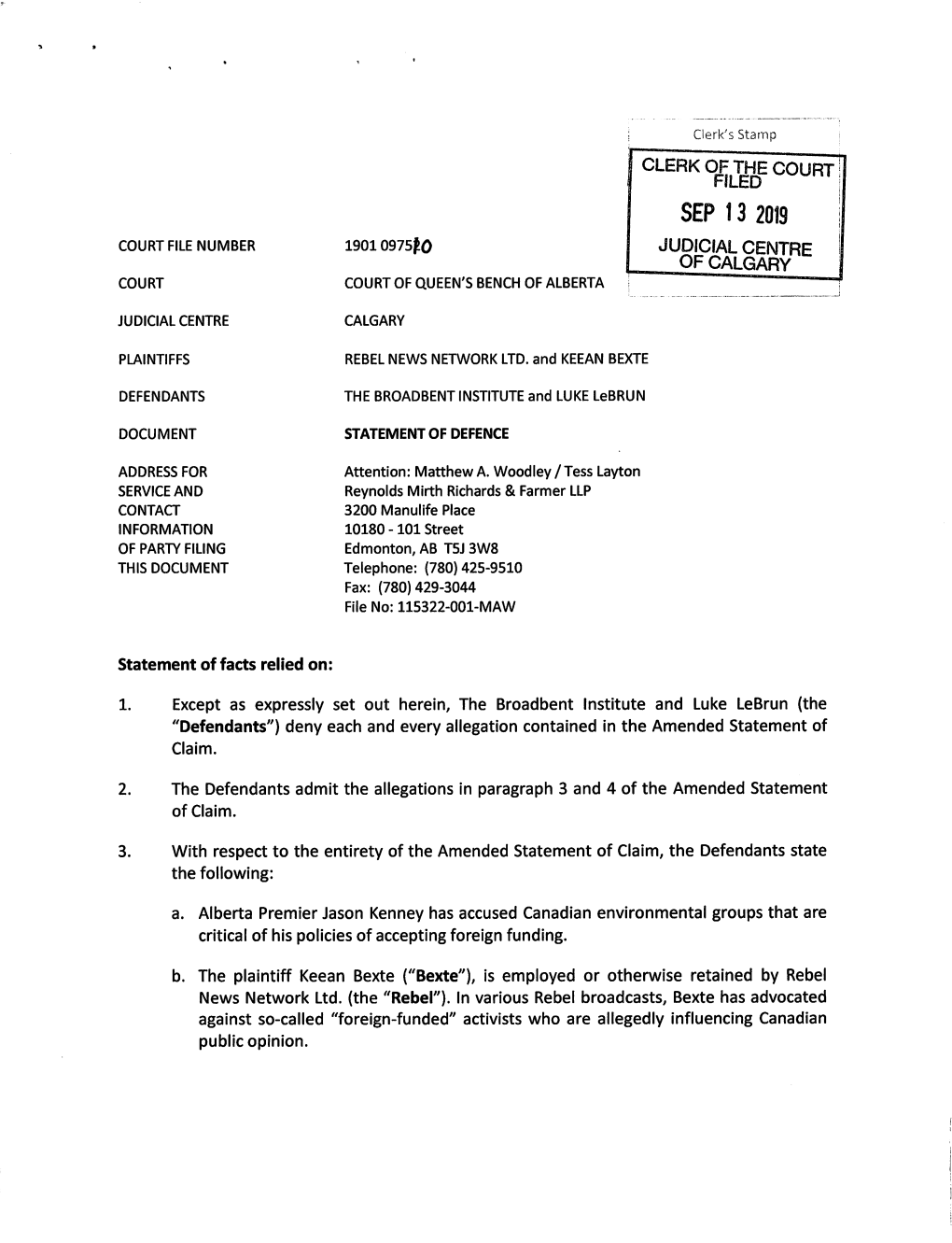 Filed Statement of Defence.Pdf