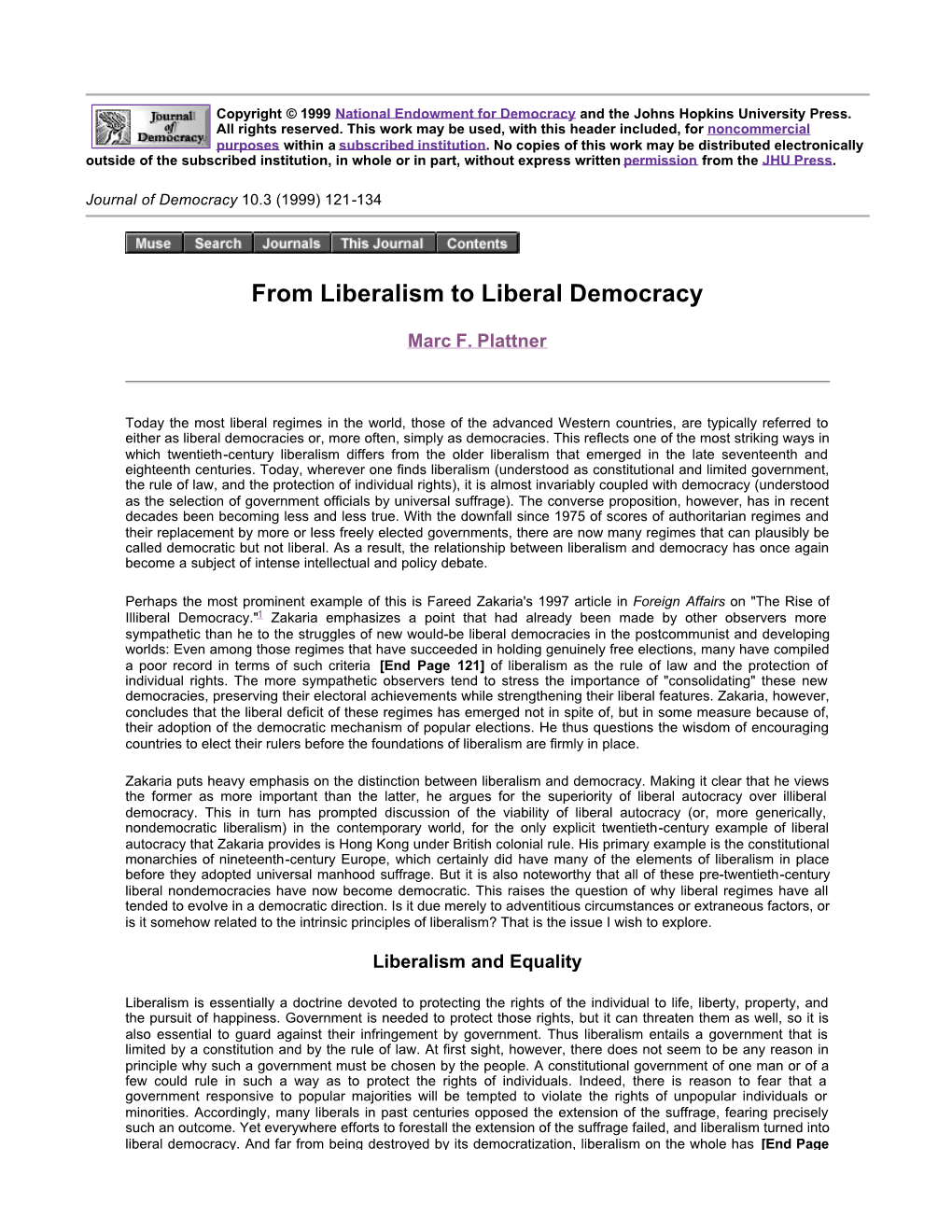 From Liberalism to Liberal Democracy