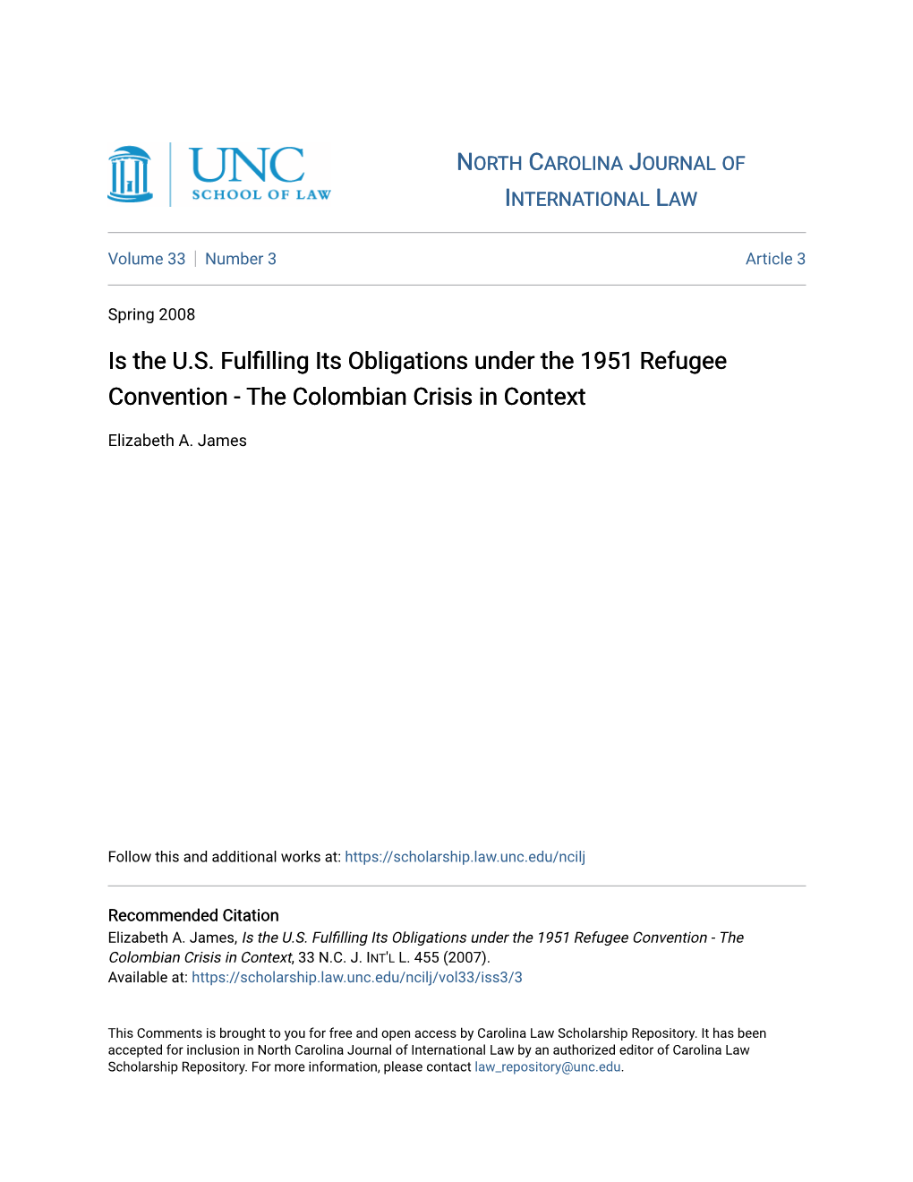 Is the U.S. Fulfilling Its Obligations Under the 1951 Refugee Convention - the Colombian Crisis in Context