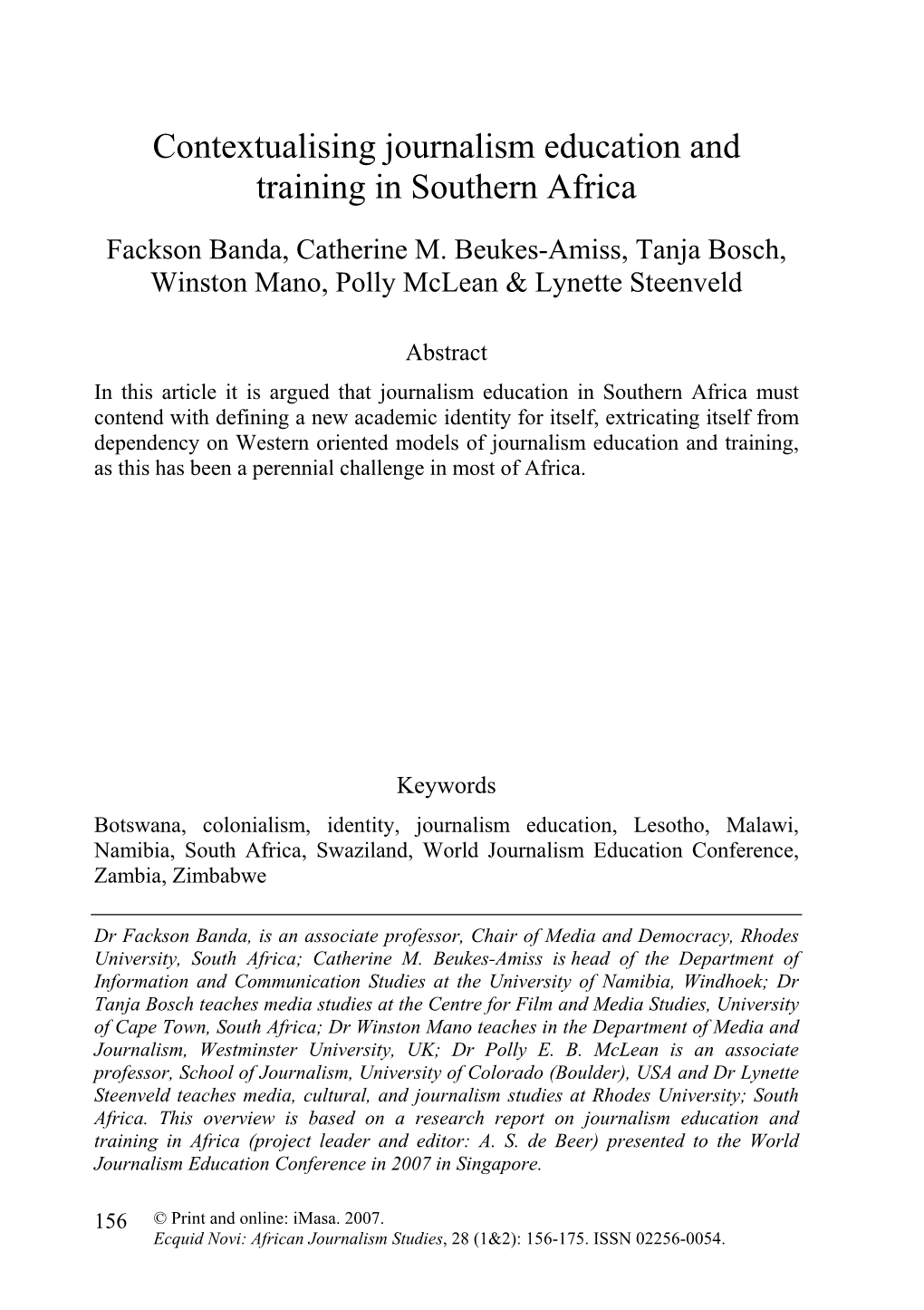 Ecquid Novi: African Journalism Studies Vol 28