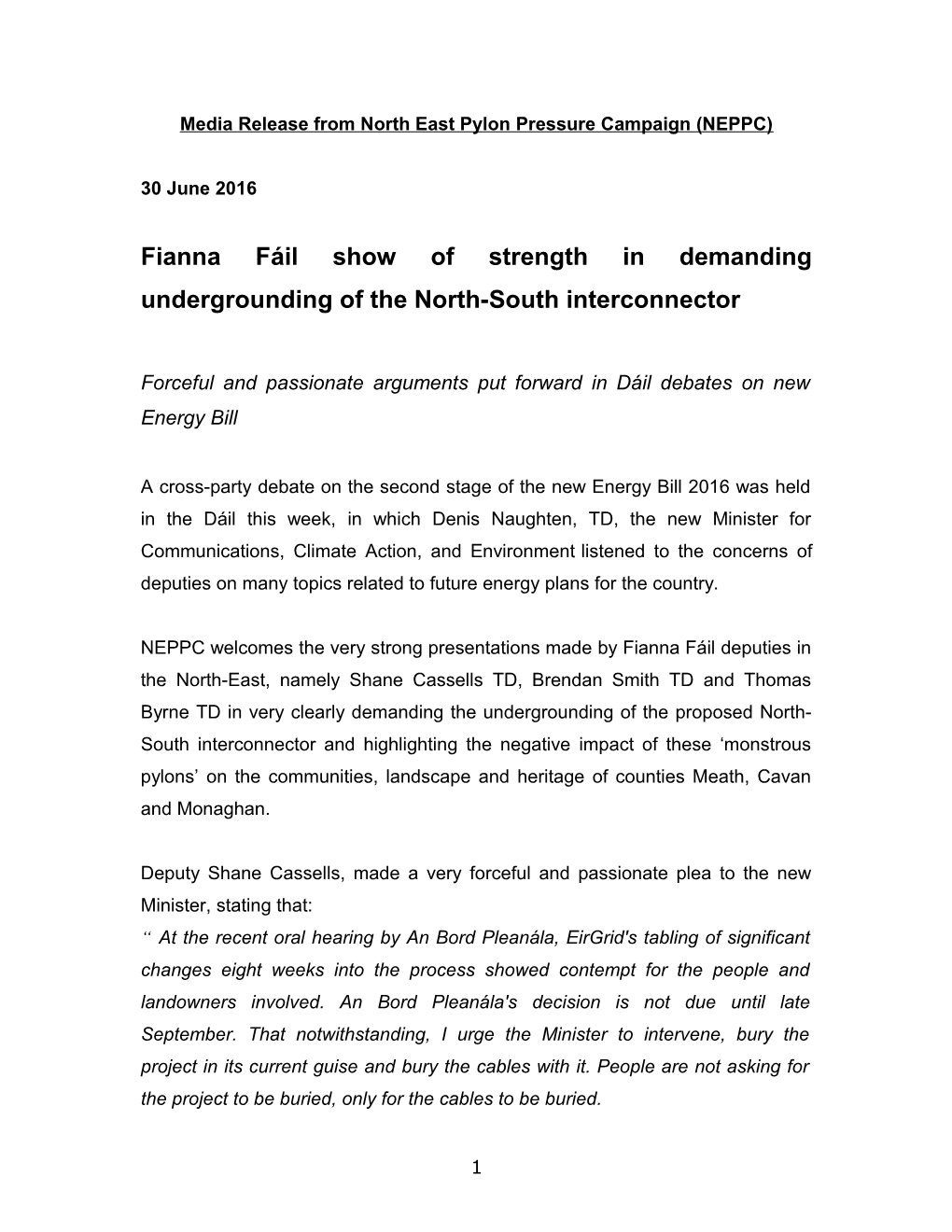 Media Release from North East Pylon Pressure Campaign (NEPPC)