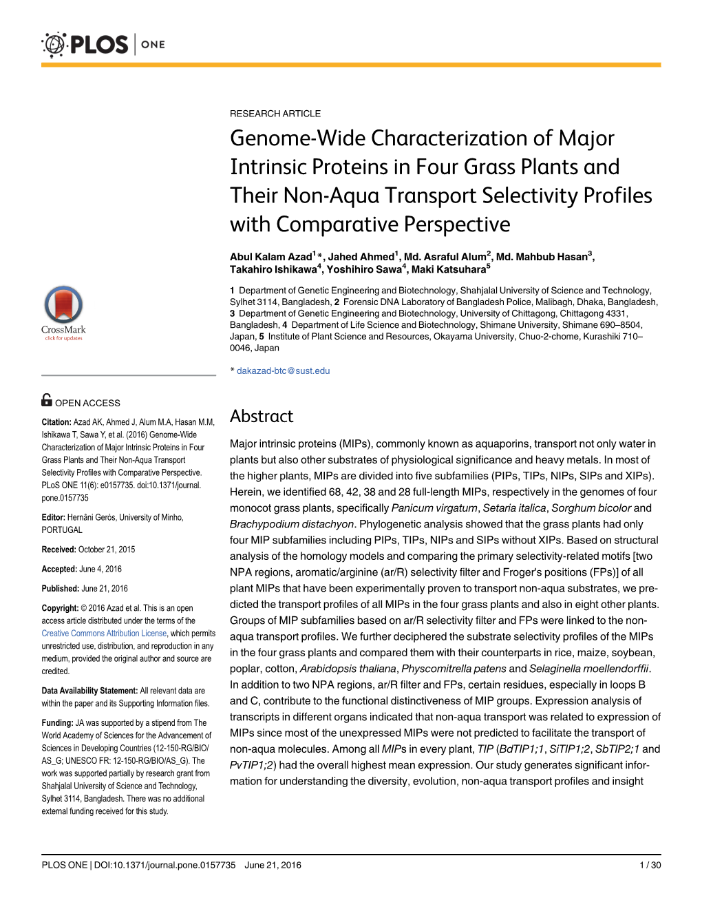 Genome-Wide Characterization of Major Intrinsic Proteins in Four Grass Plants and Their Non-Aqua Transport Selectivity Profiles with Comparative Perspective
