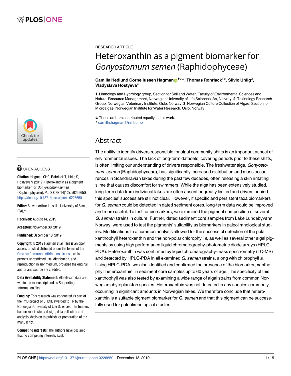 Heteroxanthin As a Pigment Biomarker for Gonyostomum Semen (Raphidophyceae)