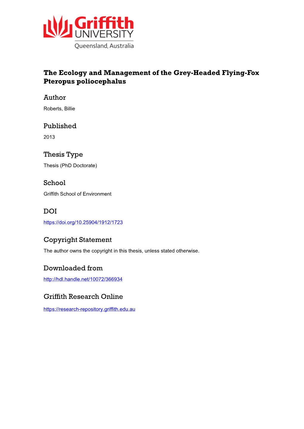 Ecology and Management of the Grey-Headed Flying-Fox Pteropus Poliocephalus