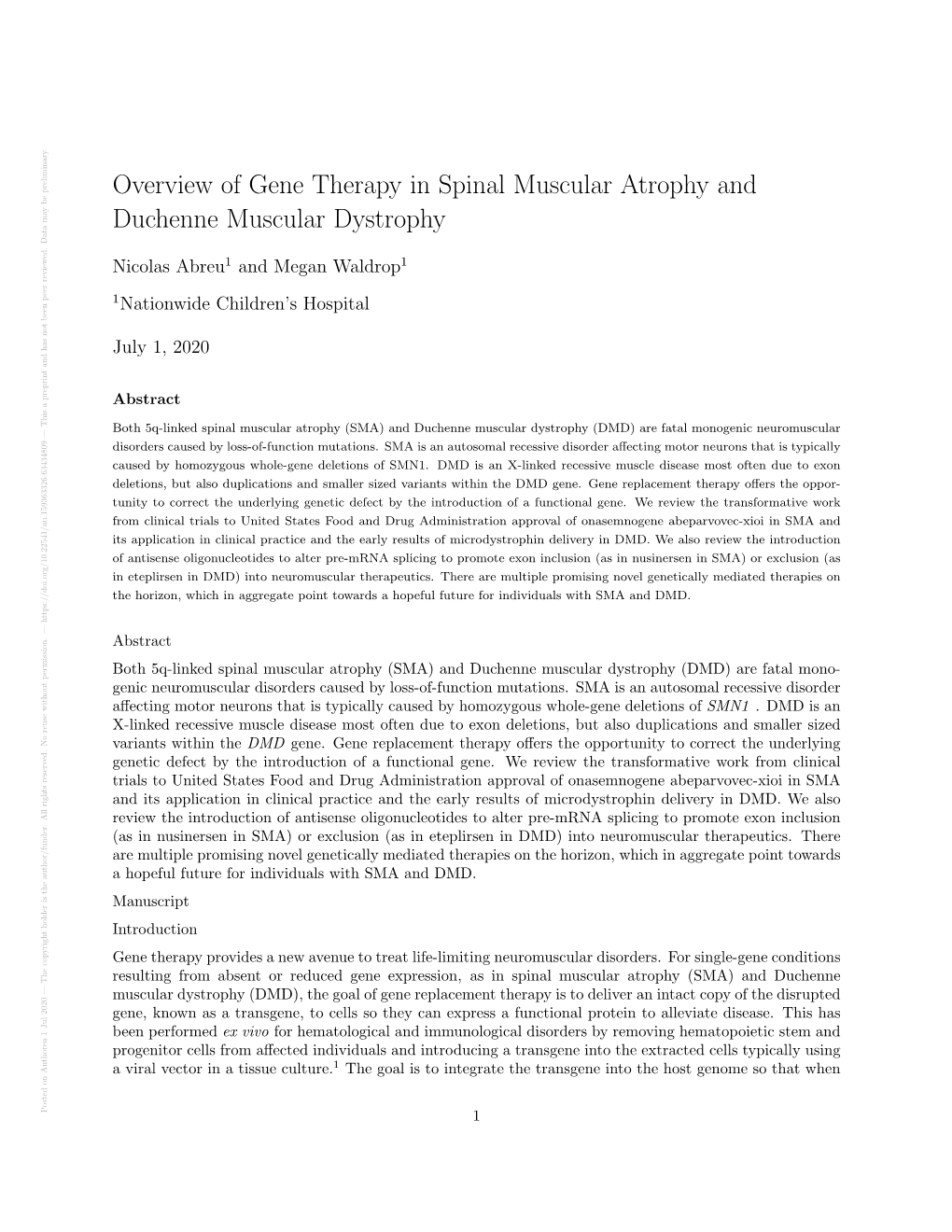 Overview of Gene Therapy in Spinal Muscular Atrophy and Duchenne