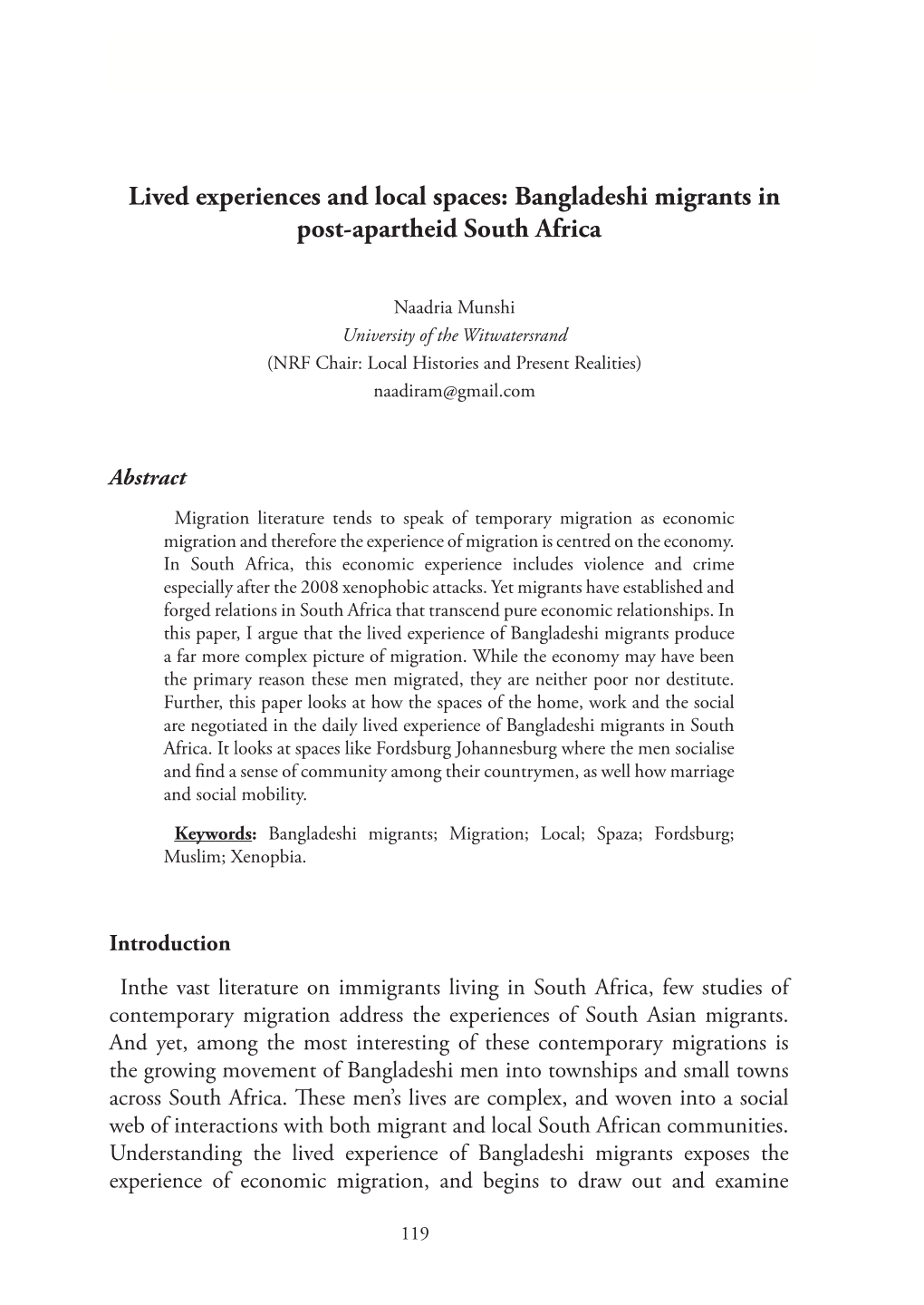 Lived Experiences and Local Spaces: Bangladeshi Migrants in Post-Apartheid South Africa