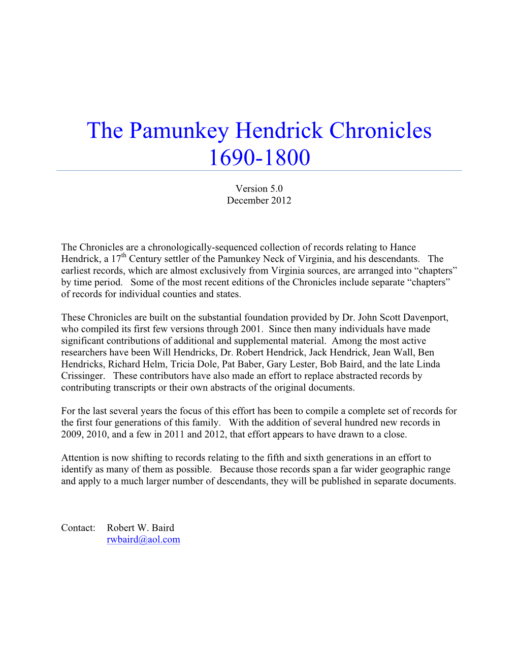 The Pamunkey Hendrick Chronicles 1690-1800