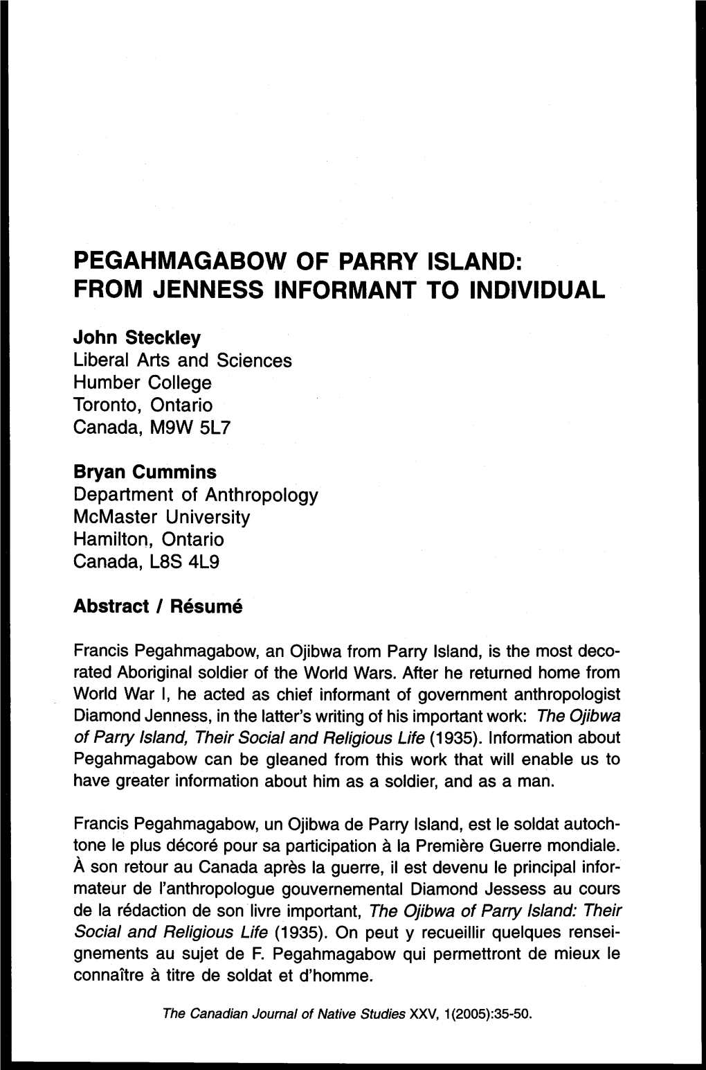 Pegahmagabow of Parry Island: from Jenness Informant to Individual