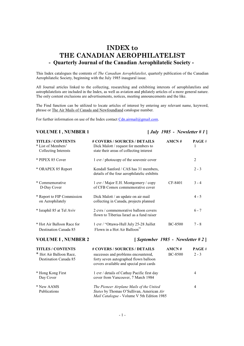 INDEX to the CANADIAN AEROPHILATELIST - Quarterly Journal of the Canadian Aerophilatelic Society