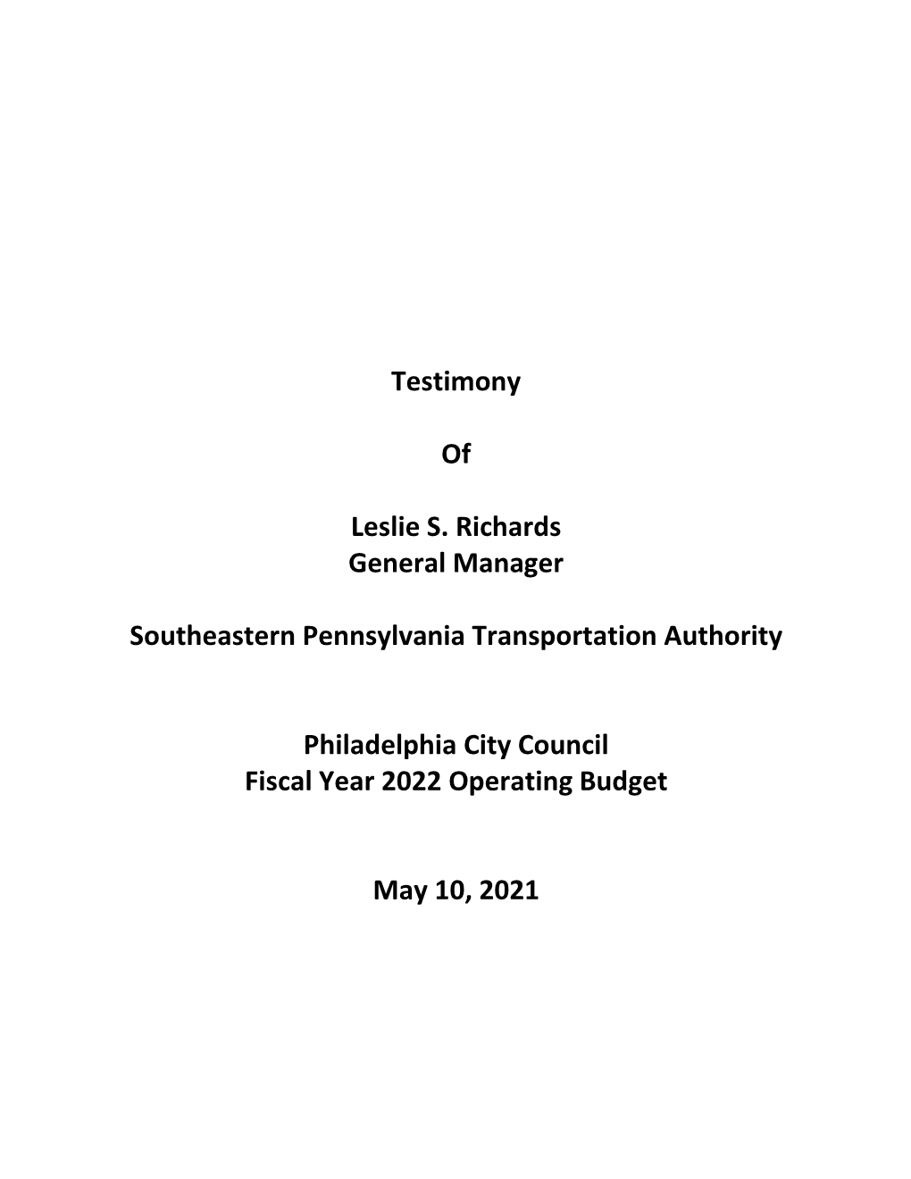 Testimony of Leslie S. Richards General Manager Southeastern