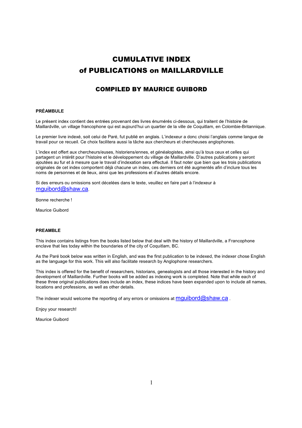 CUMULATIVE INDEX of PUBLICATIONS on MAILLARDVILLE