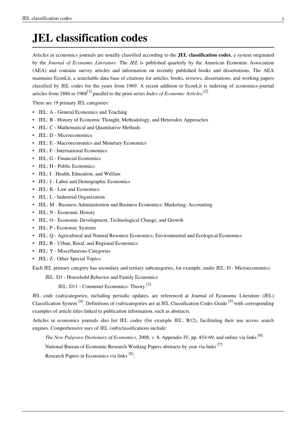 JEL Classification Codes 1 JEL Classification Codes