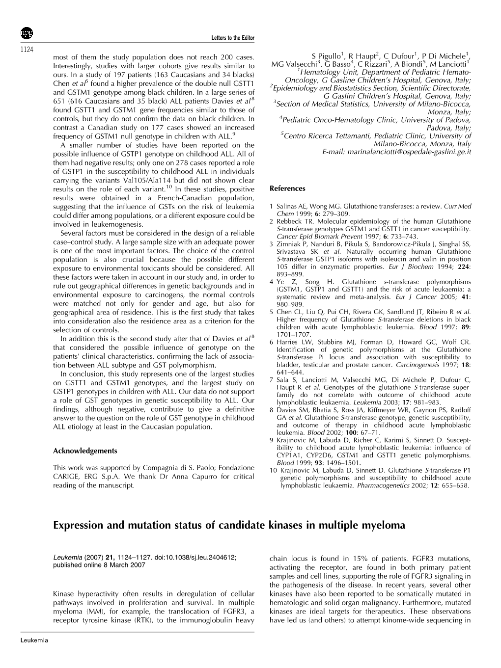 Expression and Mutation Status of Candidate Kinases in Multiple Myeloma