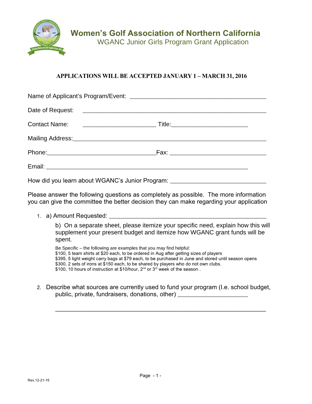 WGANC Junior Girls Program Grant Application