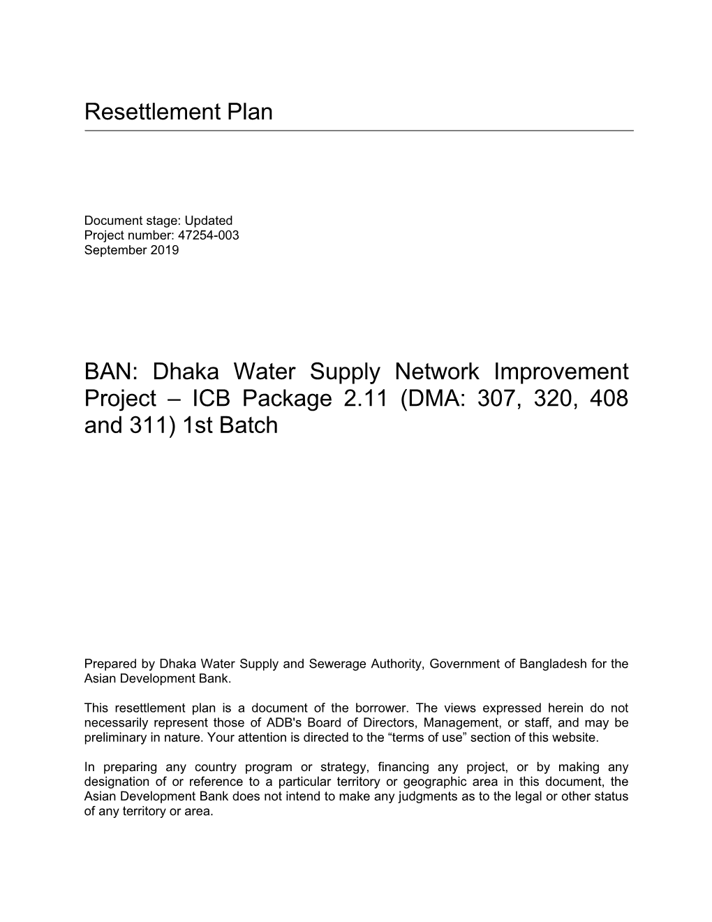 Dhaka Water Supply Network Improvement Project – ICB Package 2.11 (DMA: 307, 320, 408 and 311) 1St Batch