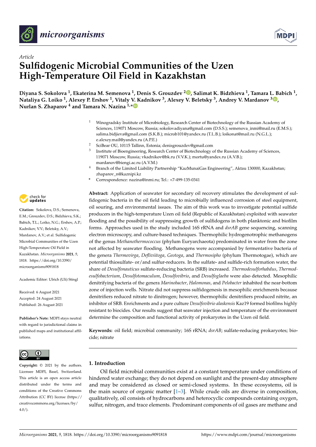 Sulfidogenic Microbial Communities of the Uzen High-Temperature Oil Field in Kazakhstan