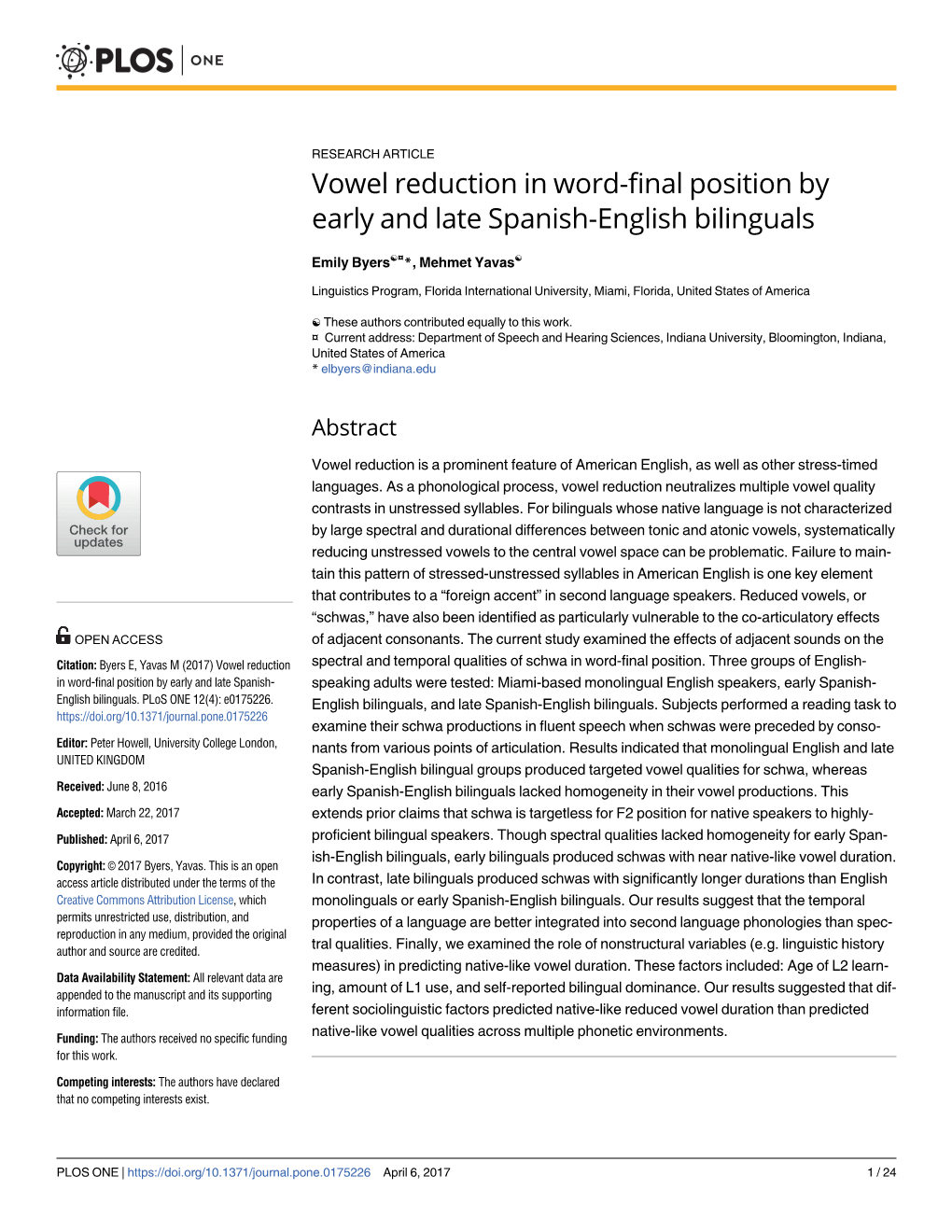Vowel Reduction in Word-Final Position by Early and Late Spanish-English Bilinguals