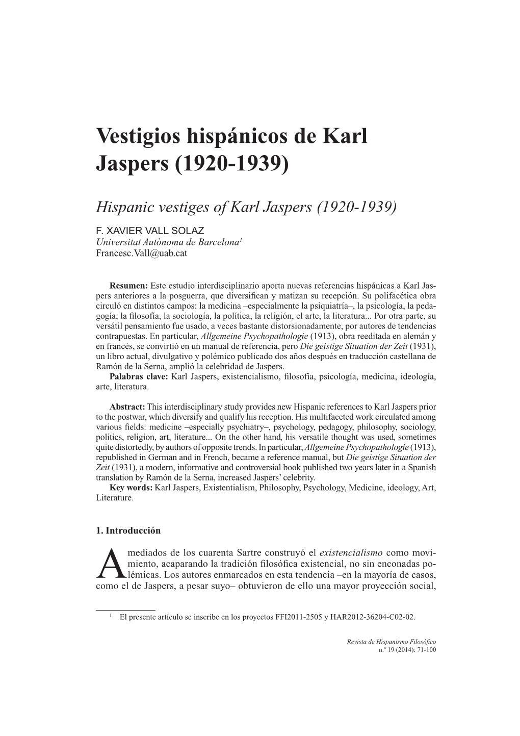 Vestigios Hispánicos De Karl Jaspers (1920-1939)