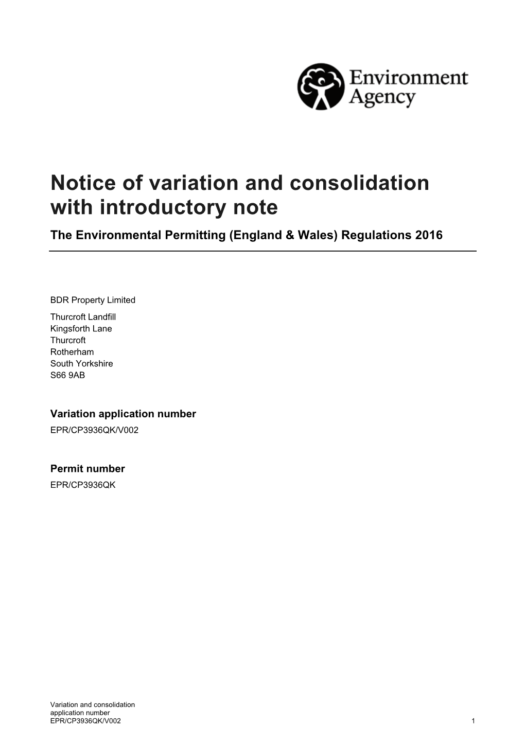 Notice of Variation and Consolidation Single Permit