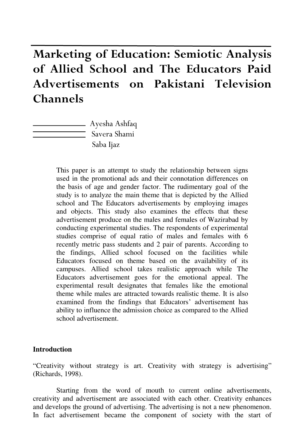Marketing of Education: Semiotic Analysis of Allied School and the Educators Paid Advertisements on Pakistani Television Channels